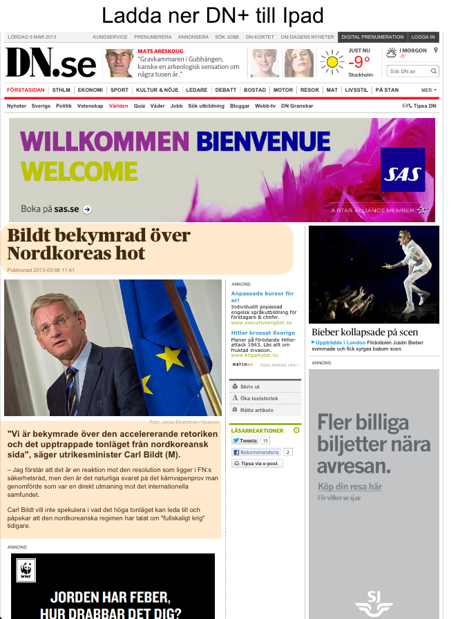 Skärmdump från DN där innehållet dränks i reklam